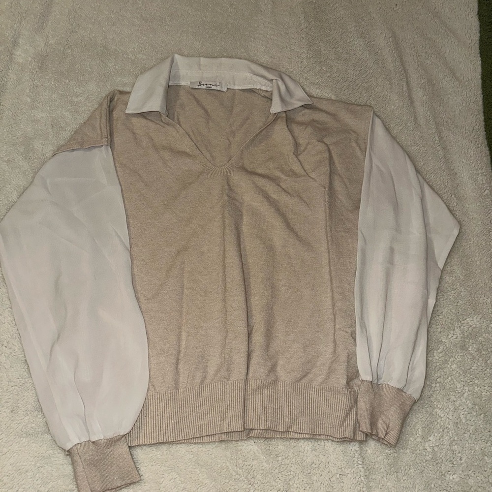 Beige and White V-Neck Sweater with Sheer Sleeves